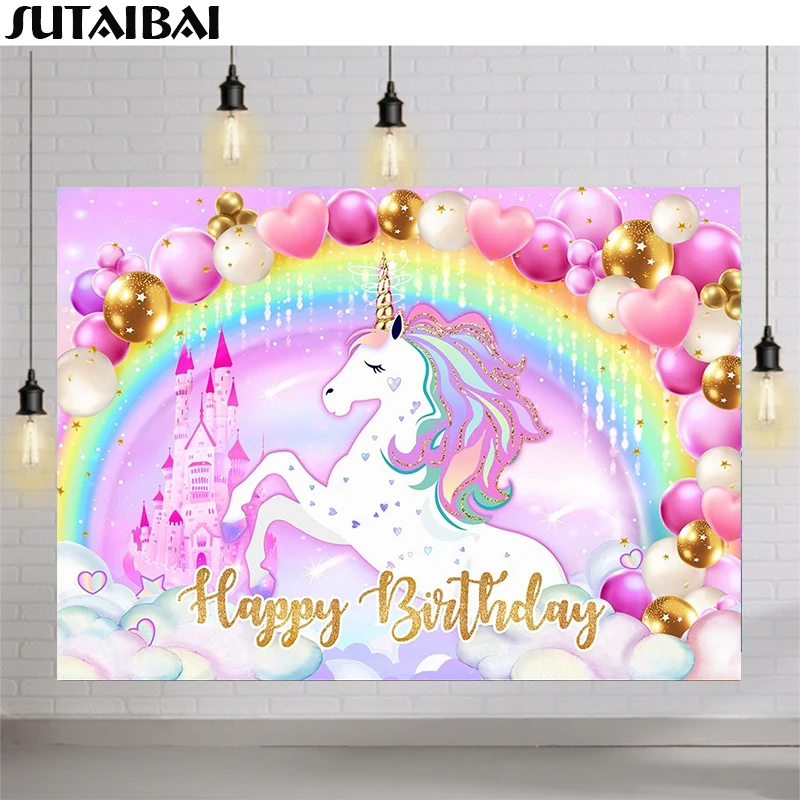 Unicorn Photo Backdrops for Girls Birthday Photography Rainbow Castle Pink Birthday Background Banner Decorations Party Supplies