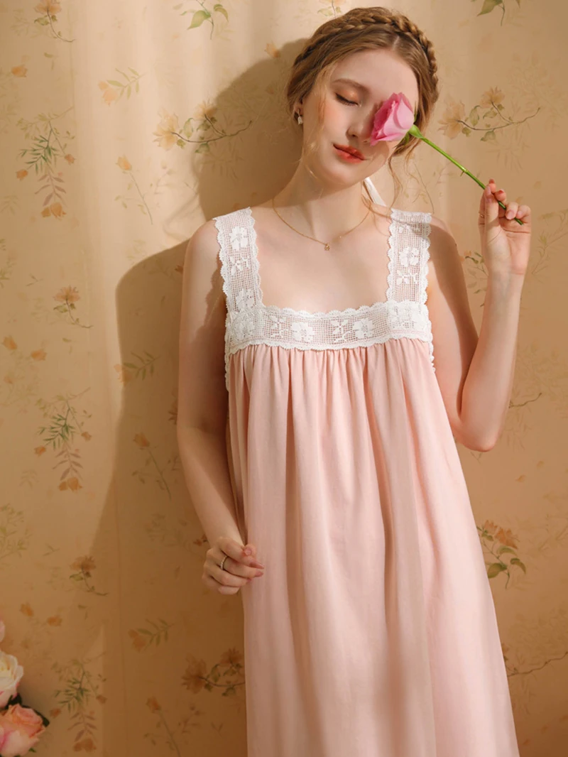 Female Summer Victorian Nightgowns Ruffles Cotton Lace Hollow Out Nightdress Women Sweet Vintage Princess Sexy Loose Sleepwear