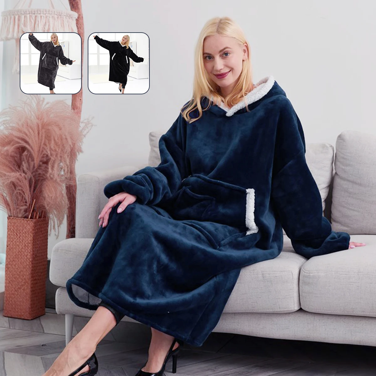 

Одеяло для ношения большого размера, толстовка с капюшоном, большое и теплое одеяло, толстовка с капюшоном, гигантский карман и рукава, уютн...