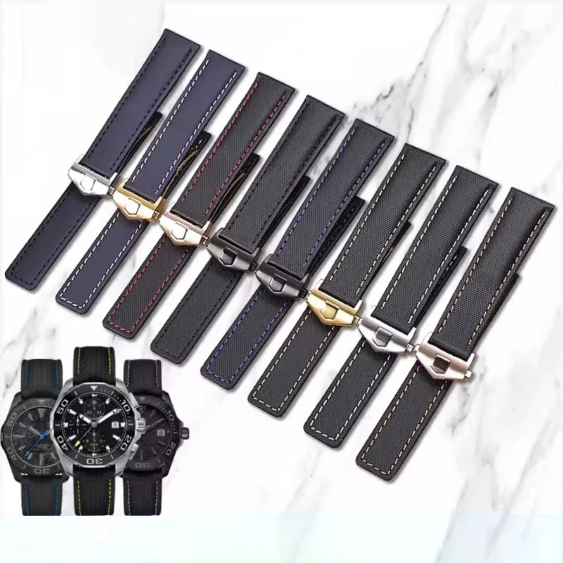 

Ремешок для часов с складной пряжкой, нейлоновый кожаный брезентовый браслет для часов Tag Heuer CARRERA AQUARACER, аксессуары для часов 22 мм