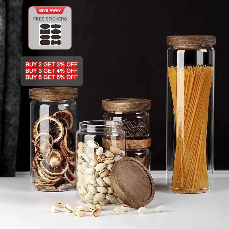 Wood Lid Glass Airtight Canister Food Container Tea Coffee Beans Kitchen Storage Bottles Jar Sealed Grounds Candy Jars Organizer