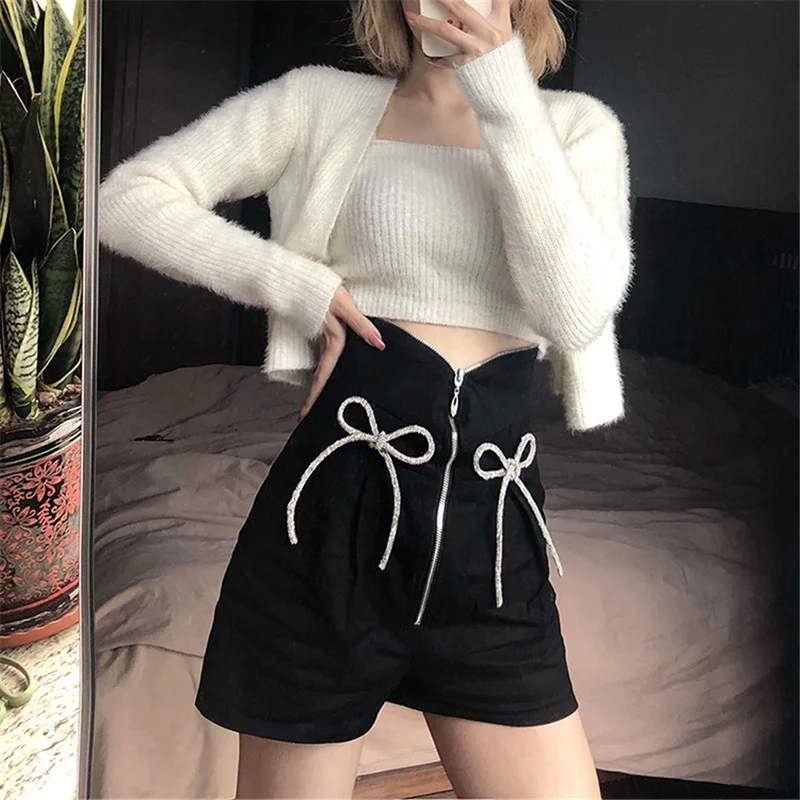 2021 Women High Waist Bow Bandage Shorts Streetwear Casual Zipper Black Bottoms Indie New Fashion Female New Summer Solid Shorts