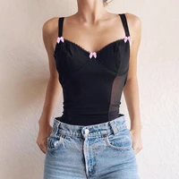 sexy mesh patchwork see through tops womens clothes gothic dark academia aesthetic kawaii sleeveless v neck bow cute camis tank