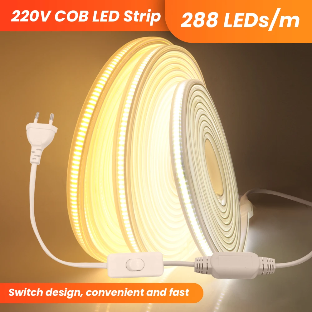

220V COB LED Light Strip 288LEDs/m High Density COB LED Lights Waterproof IP65 Flexible LED Tape Warm Natural White Decor + Plug