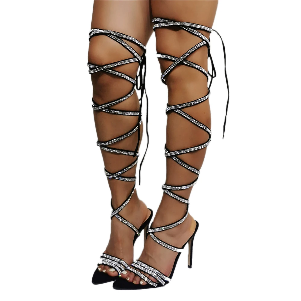 

Женские босоножки в римском стиле, пикантные сандалии с открытым носком, на шнуровке, тонкий высокий каблук, однотонные, искусственная кожа, лето