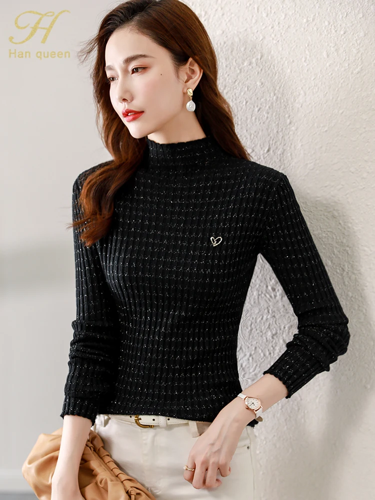 

H Han Queen 2022 Autumn Winter Korean Elastic Vintage Pullovers Sweaters Long Sleeve Basic Casual Knitted Sweater Tops Womens