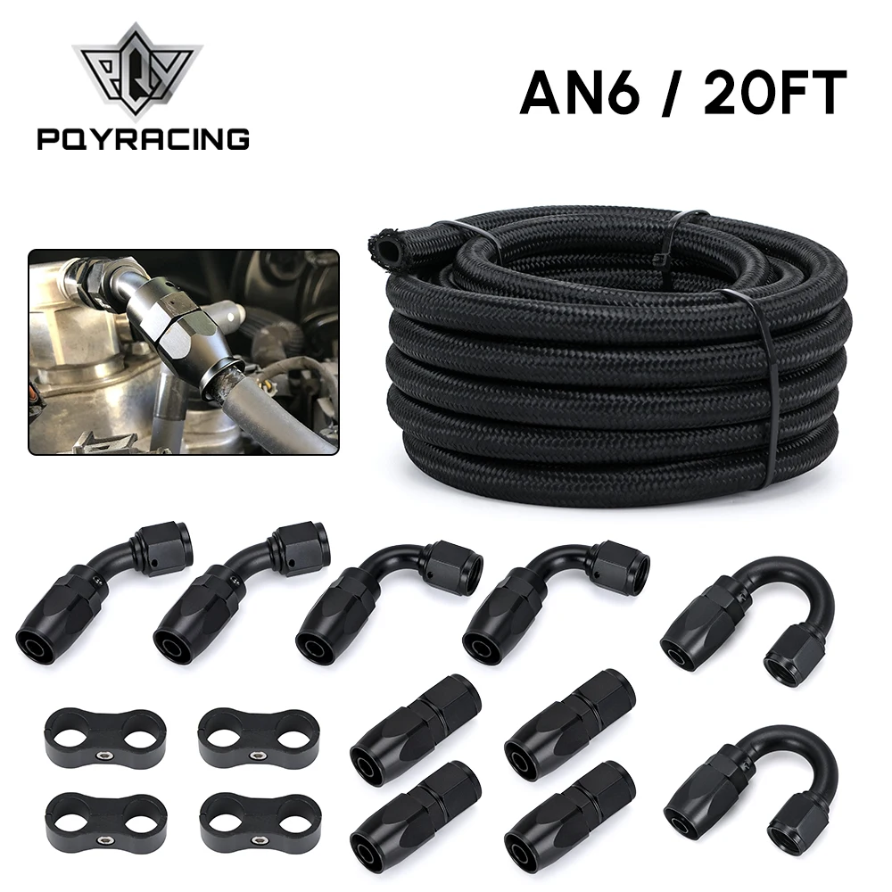 6Meter/20FT AN6  6AN Oil Fuel Fittings Hose End 0+45+90+180 Degree Stainless Steel Braided Oil Fuel Hose Line Black With Clamps