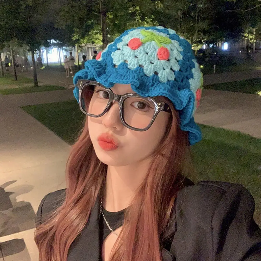 

Cherry Crochet Bucket Hat Women Spring Autumn Handmade Knitted Cute Beanies Cap Vacation Traveling Beach Hat