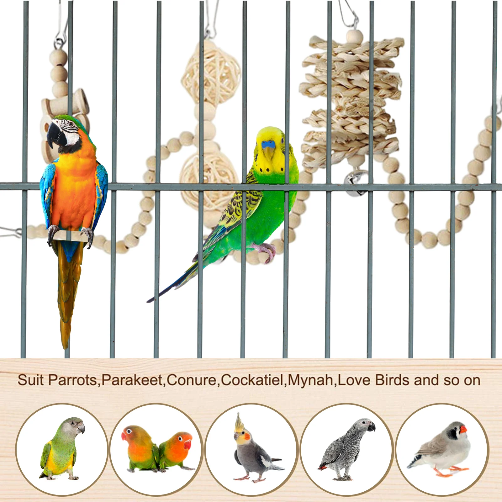

Bird Parrot Toys 13pcs Natural Wood Parrot Chewing Toys Bird Swing Perch Cage Toys Pet Bird Chewing Training Ball Toys For