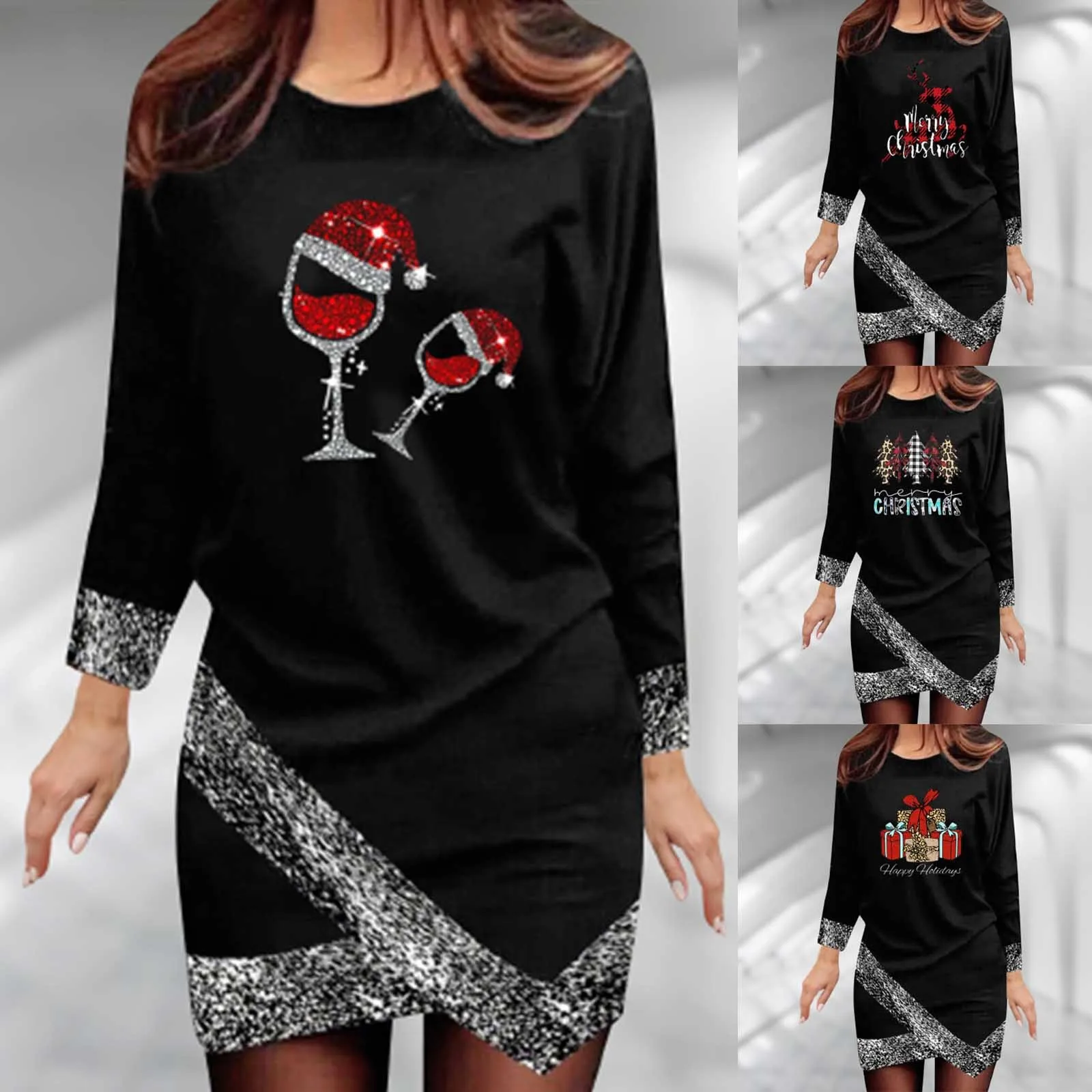 

Women's Round Neck Long Sleeve Irregular Hem Christmas Print Casual Dress Lace Midi Dresses for Women