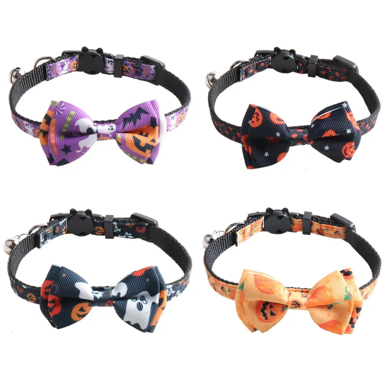 

Pet Cat Collars Cat Supplies Accessories Halloween Series Webbing Cat Collar Bow Cat Collar with Bell Adjustable Pet Products