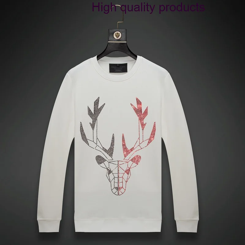 

Men 2023 Yin-yang Deer Rhinestones Sweatshirt Fashion Streetwear Full Pullover Hoodie O Neck Cotton Mens Autumn Clothes