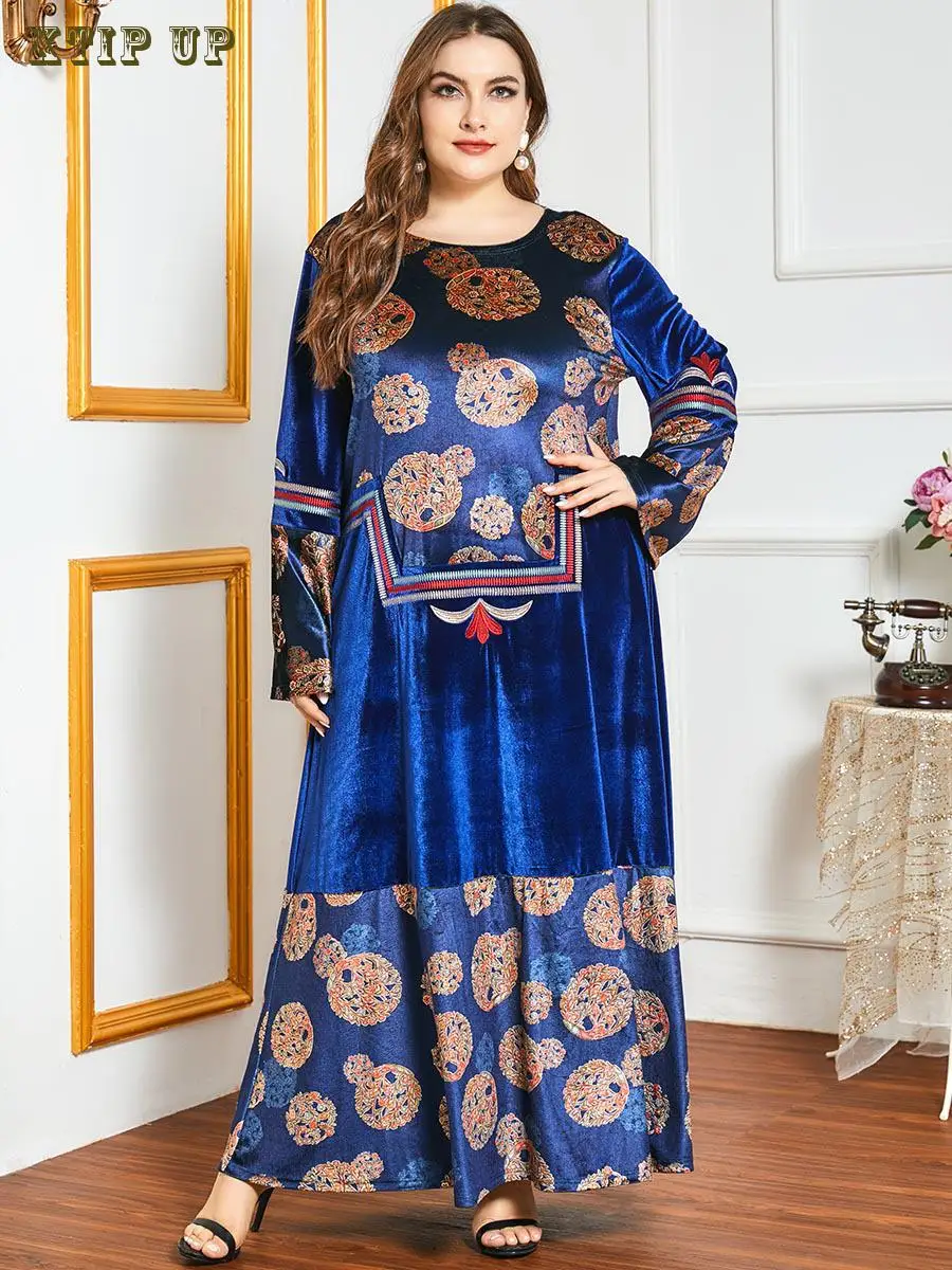 

Large Muslim Fashion Autumn National Embroidery Solid Color Thickened Gold Velvet Long Sleeve Splice Casual Large Hem Long Dress
