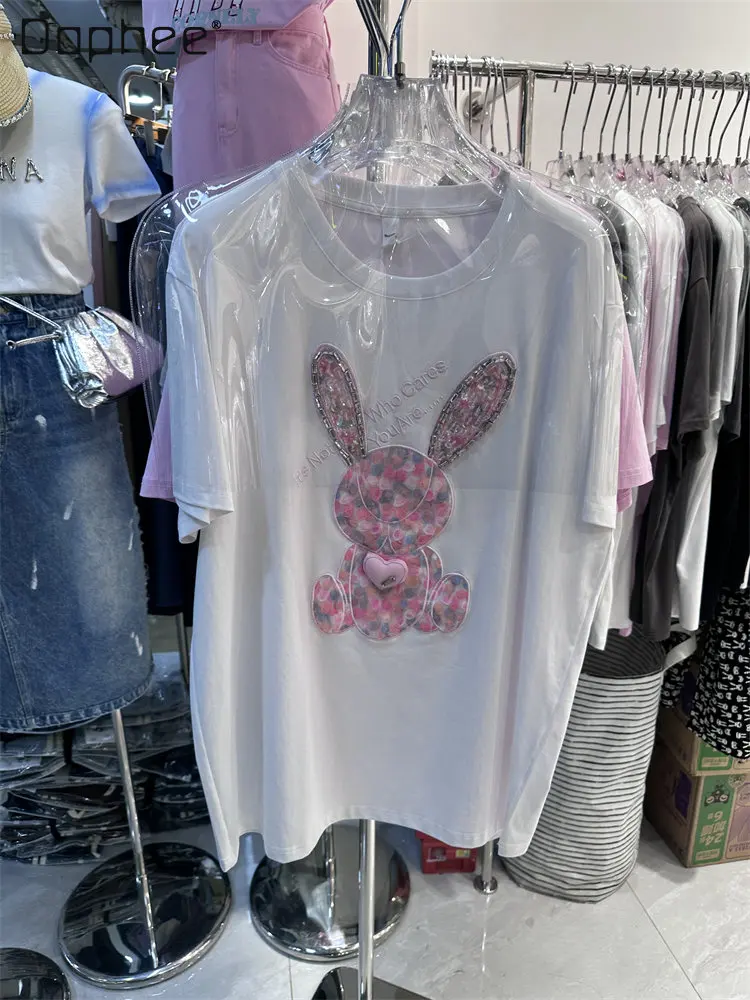 

Кружевной женский топ с коротким рукавом и рисунком кролика, летняя свободная трехмерная хлопковая футболка средней длины с коротким рукавом