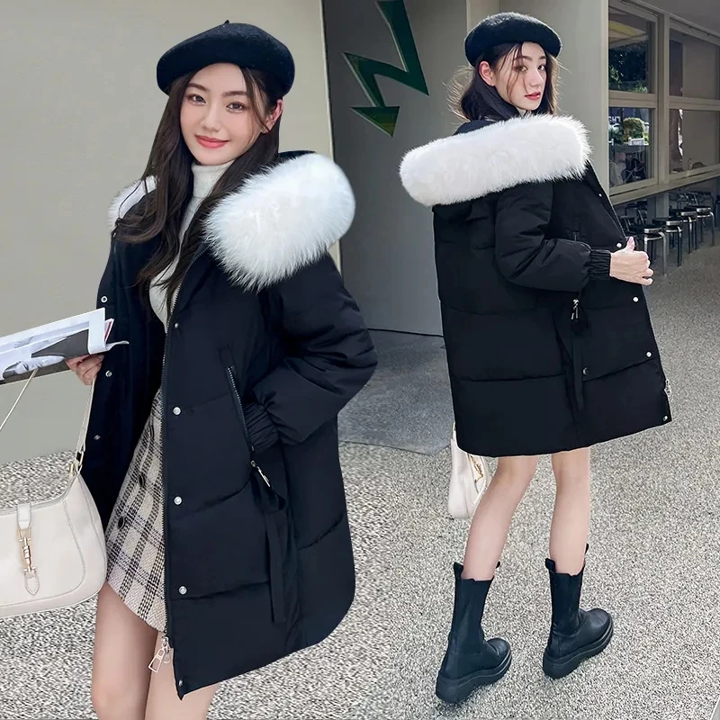 Down Cotton Jacket Women 2023 Autumn Winter New Korean Slim Padded Coat Female Large Size Fur Collar Hooded Long Parkas