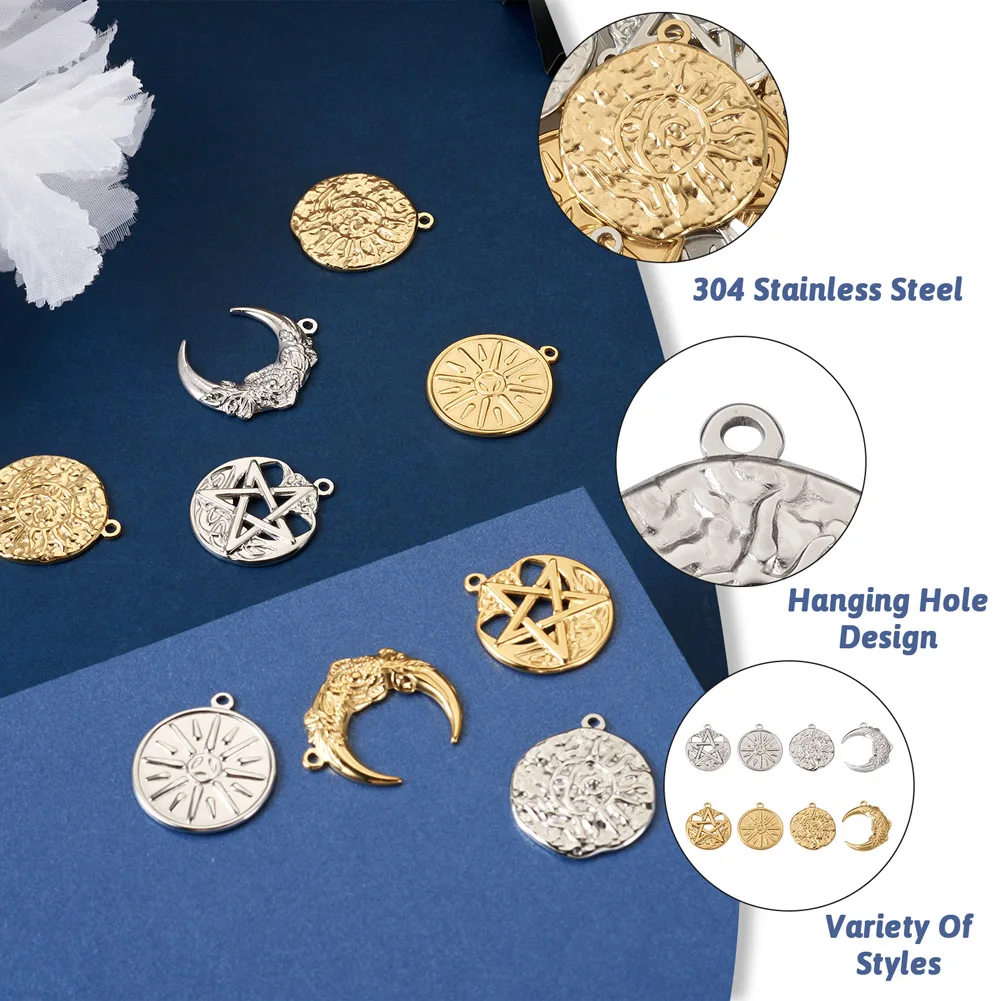 16Pcs 304 Stainless Steel Sun Moon Star Pendant 2 Colors Charms for Necklace Bracelet Earrings DIY Jewelry Handcrafted Making