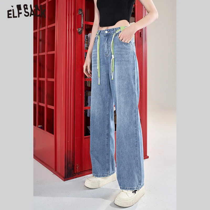 ELFSACK Vintage Straight Jeans Women 2023 Spring High Waist Wide Leg Pants
