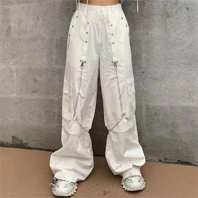 

Women Korean Fashion White Techwear Streetwear Casual Wide Leg Cargo Pants High Waist Oversized Trousers Sweatpants Alt Clothes