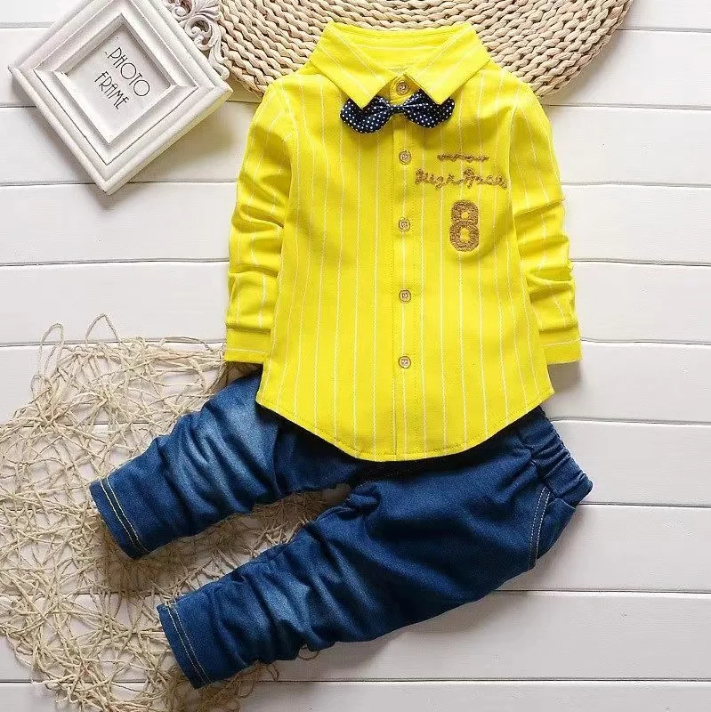

Spring Autumn Long Sleeve Striped Tie Shirts And Jeans Trousers 2pcs Baby Boys Party Wedding Outfits Kids Jogging Bebes Boy Set