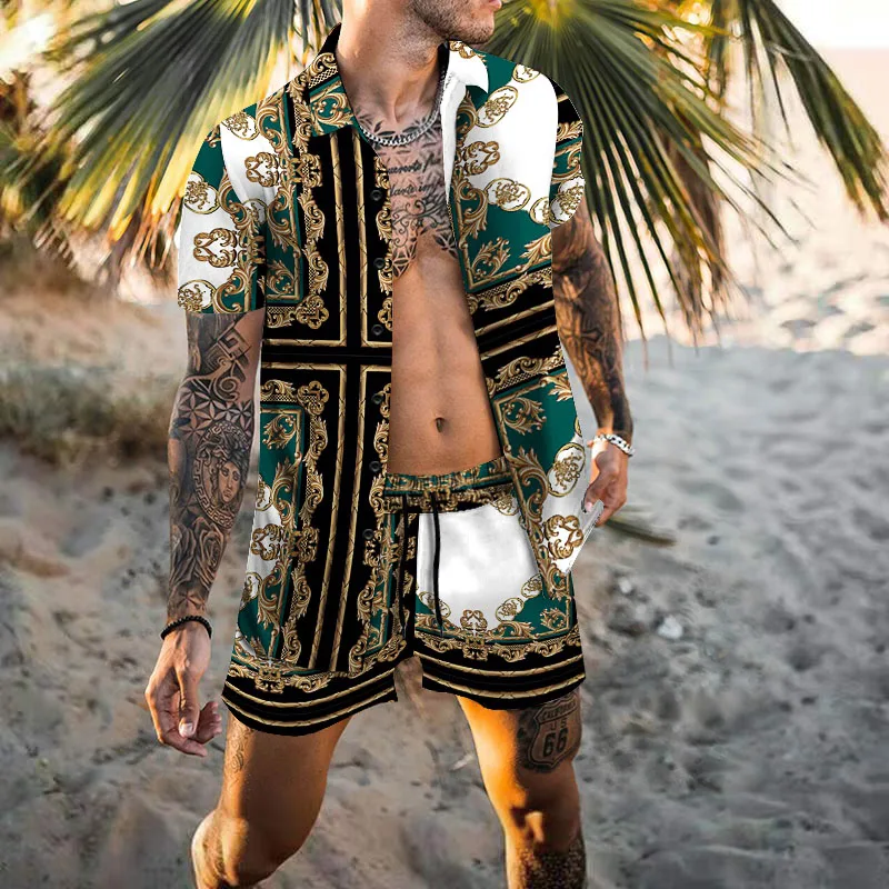 2023 Summer New Men'Print Set Loose Casual Lapel Shirt + Fashionable Casual Printed Sandbeach Shorts Set Men's Clothing
