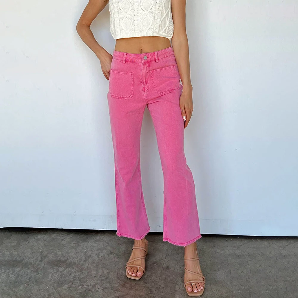 

Женские классические джинсы, розовые вельветовые брюки ярких цветов, расклешенные штаны, 2023