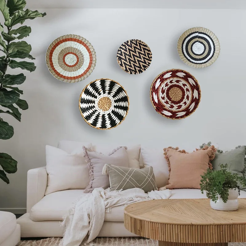 

Boho Wall Basket Decor Seagrass Woven Round Wall Hanging Baskets Rustic Basket Gift for Bedroom Livingroom Home Wall Art Decor