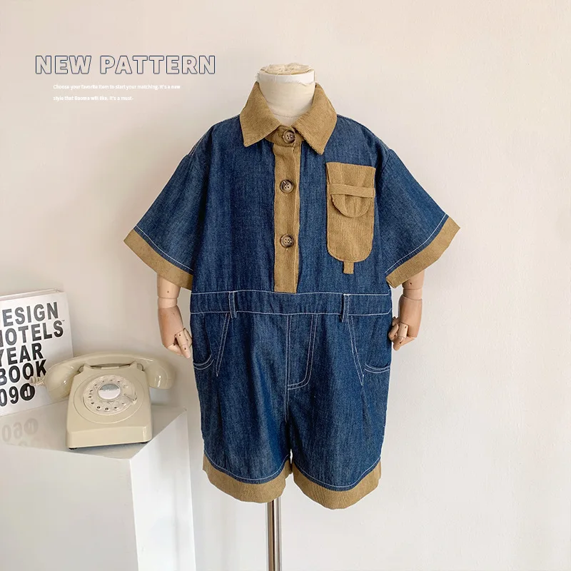 

2023 Summer New Children's Clothing Children's Contrast Color Denim Jumpsuit Boys and Girls Thin Short Fashion