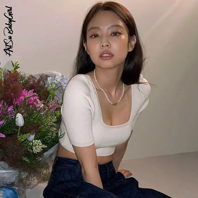 Укороченный топ Белый Топ женские футболки с коротким рукавом летняя одежда