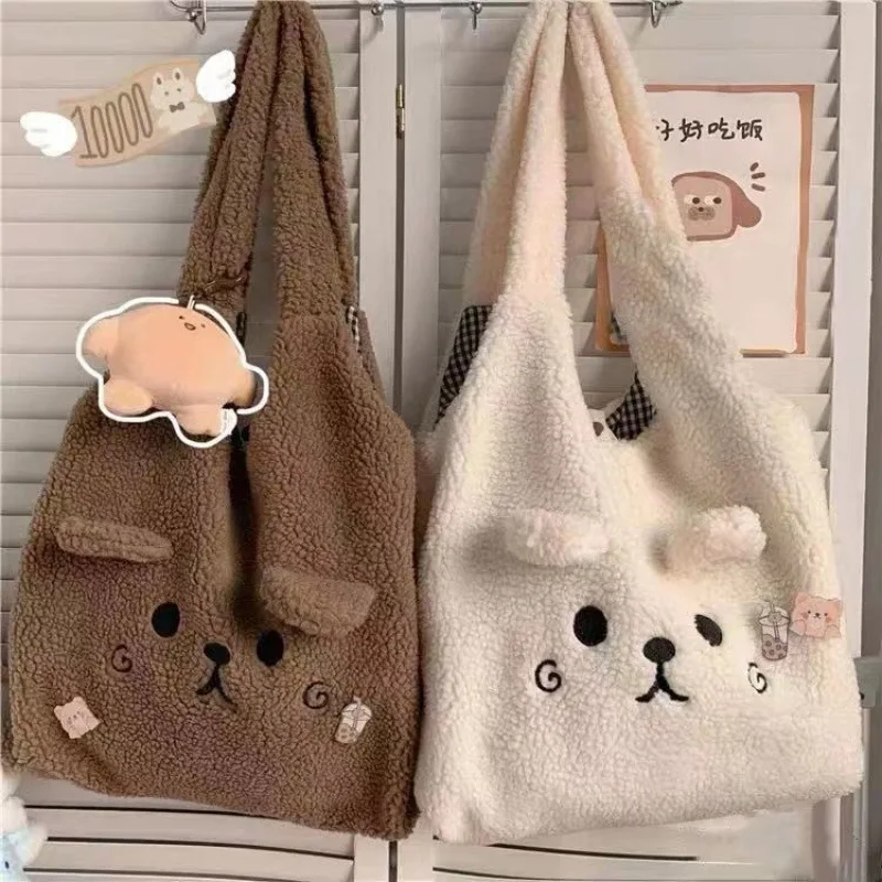 

New Winter Soft Plush Tote Bag Women Cartoon Embroidery Imitation Lamb Hair Shoulder Bag for Women Shopper Bag Bolsa No Pendant