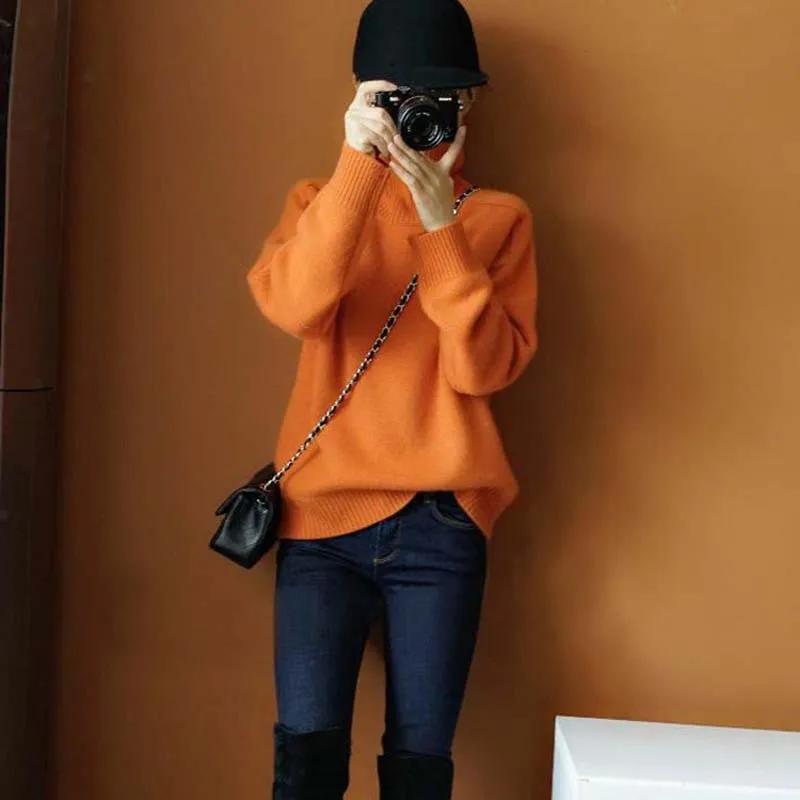 

Winter Woman's Sweaters Thicken Pullover Female Jumper Long Sleeve Turtleneck Loose Oversize Bouse 100% Woolen Knitted Tops