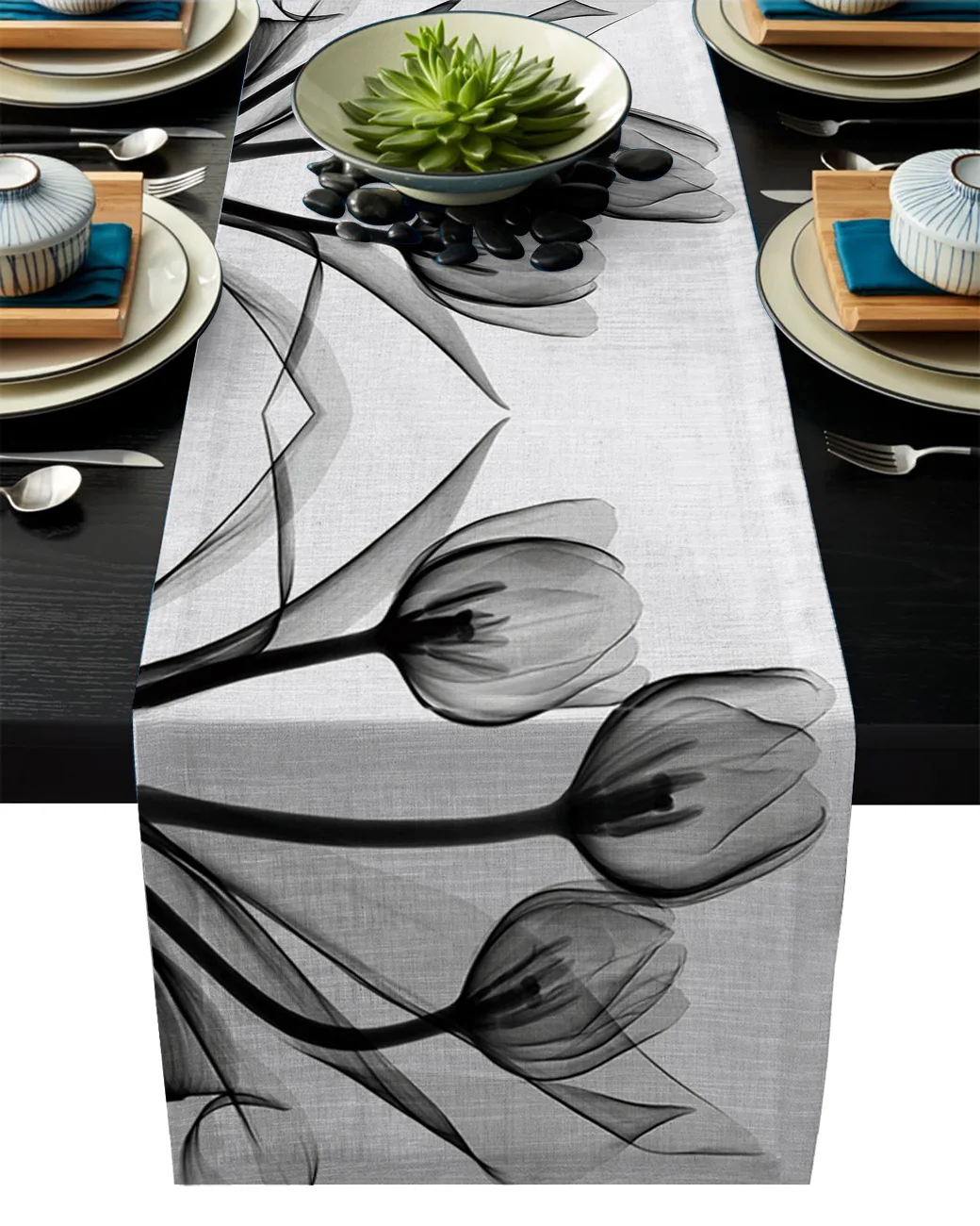 

Tulip Flower Black And White Silhouette Table Runner Linen Cotton Table Flag Modern Party Wedding Decor Dinning Table Runners