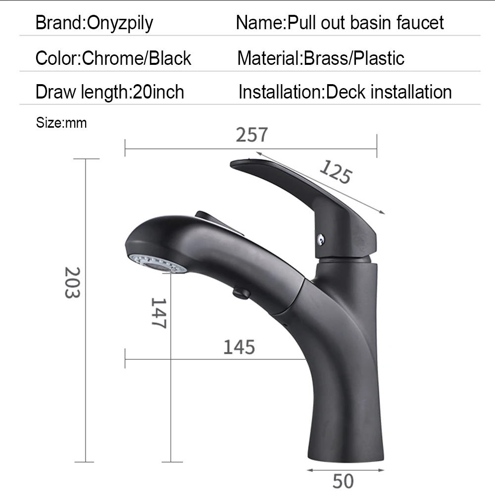 Onyzpily черный выдвижной смеситель для раковины с одной ручкой керамическая