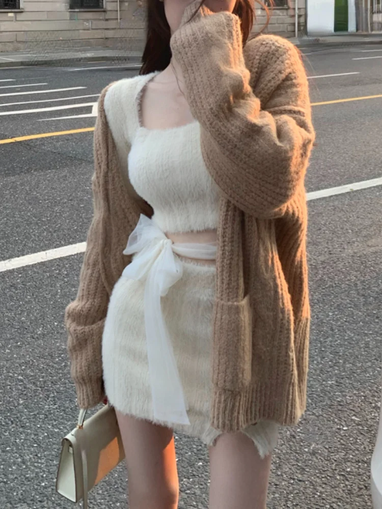 

Autumn Sweater Knitted Suits Female Elegant 2 Piece Dress Korean Fashion Even Party NEW Mini Dress Office Lady Short Skirts