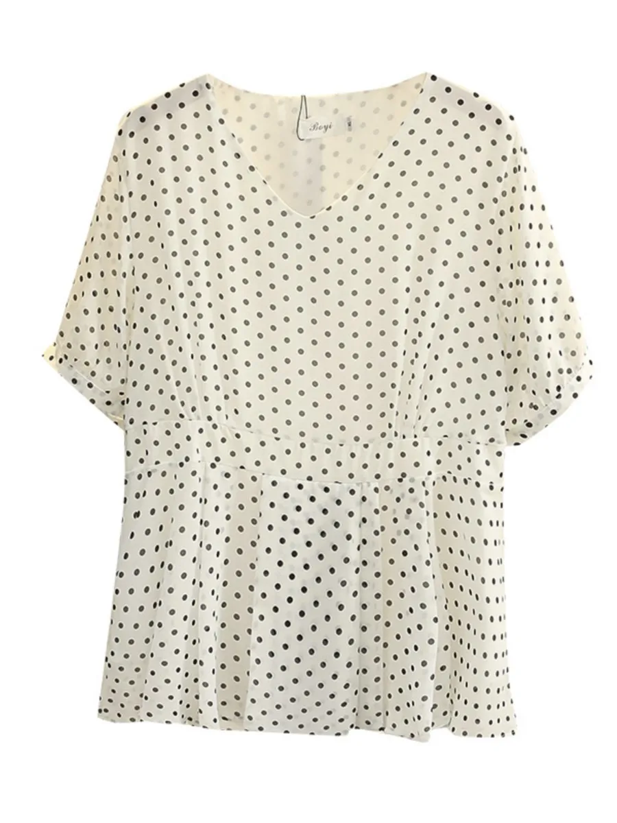 

Женская шифоновая блузка в горошек, с V-образным вырезом и коротким рукавом