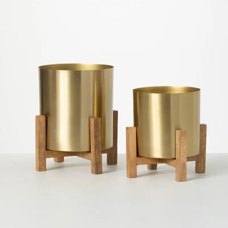 

Brass Planter Pair On Stands Set of 2, 8.25"H & 6.75"H Gold Multiple Flower Pot Holder Shelf