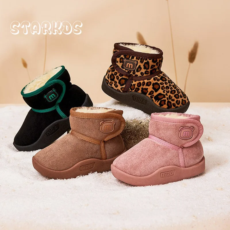 Girl Pink Snow Boots Baby Thick Sole Warm Plush Bootins Toddler Children Fashion Leopard Print Winter Outdoor Cotton Shoes