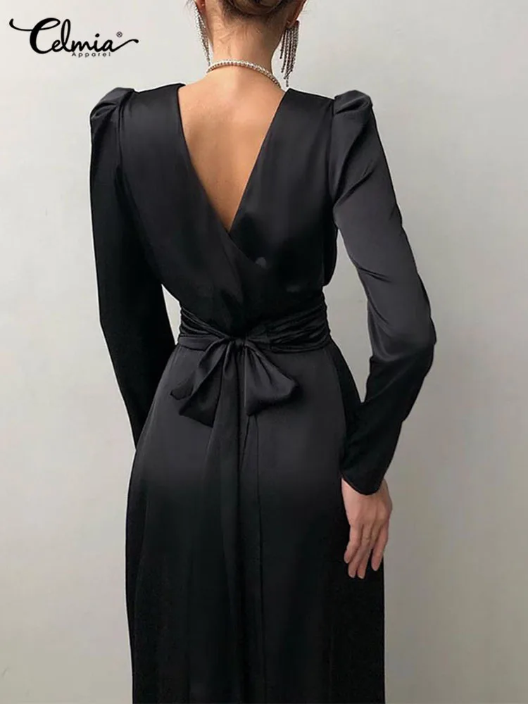 

Women's Fashion Satin Dress 2022 Celmia Elegant Long Puff Sleeve Sexy Backless Maxi Sundress Casual Solid Belted Party Vestidos