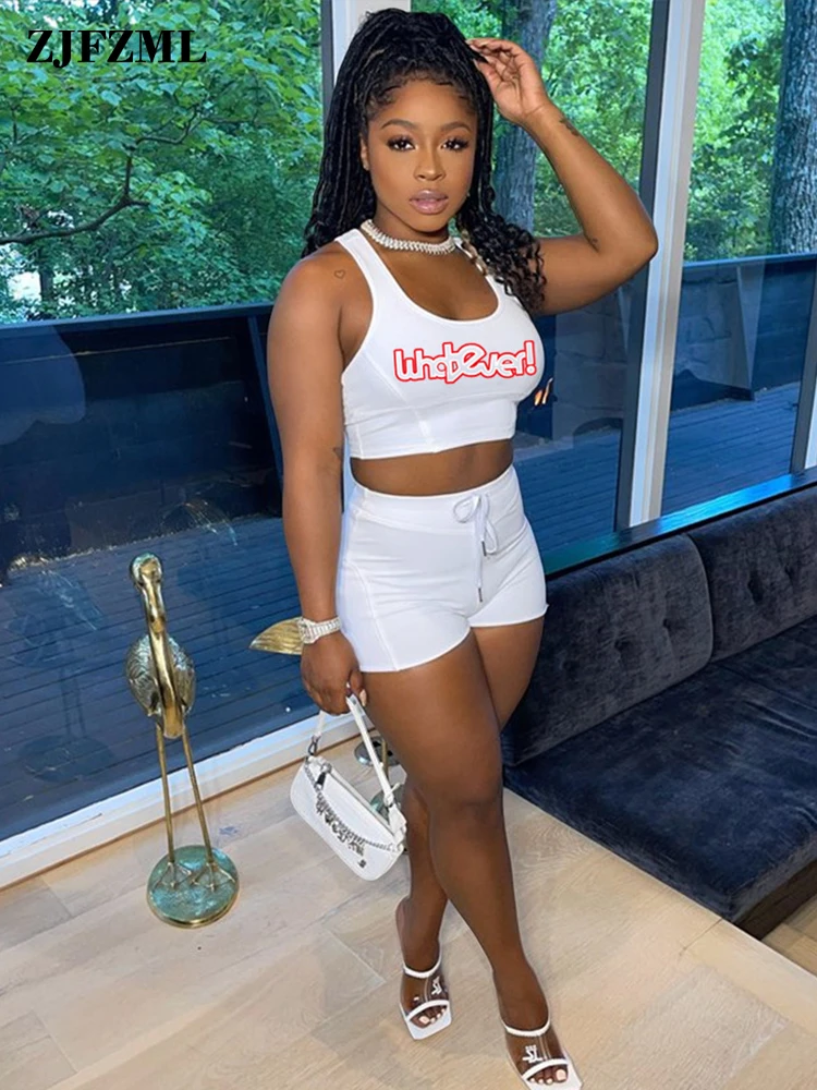 

Harajuku Y2k Workout Two Piece Sport Suits Female Casual Letter Print Sleeveless Tank Tops with Drawstring Waist Biker Shorts