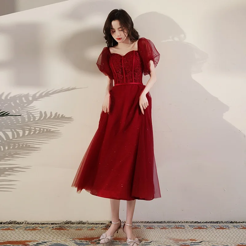 

Burgundy Sexy Embrodiery Applique Puff Sleeve Back Bandage A-Line Evening Dress Women Formal Gowns Robe De Soiree Cheongsam
