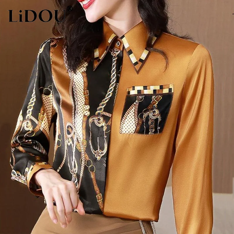 2022 Spring Women Korean New Patchwork Printed Satin Blouses Vintage Elegant Fashion Office Lady Shirts Casual Long Sleeved Tops