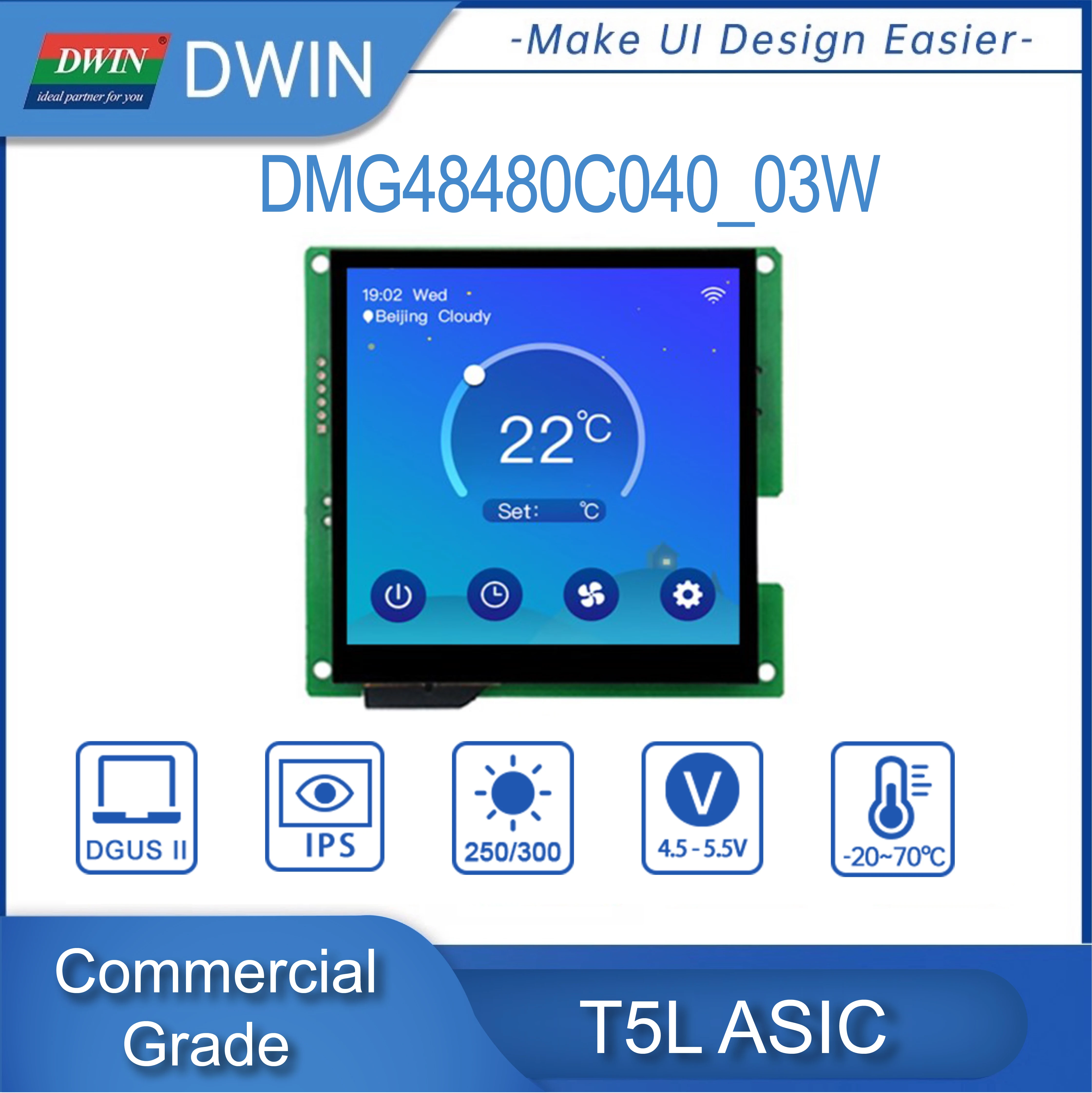 DWIN 4 Inch 480*480 Square LCD Display Commercial Grade HMI Smart Touch Screen UART Serial 250nit LCD Module DMG48480C040_03W
