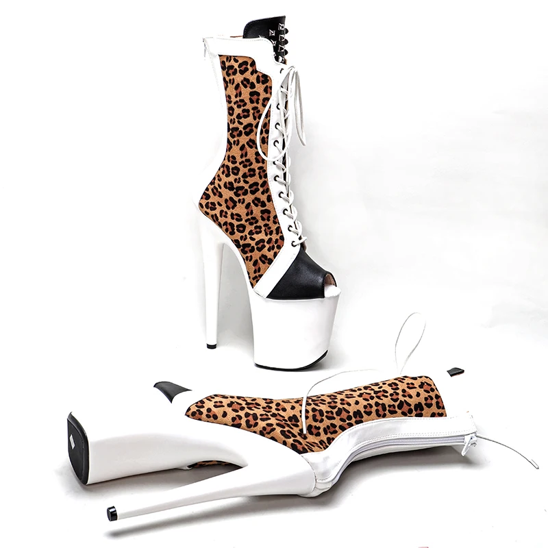 Leecabe 20CM/8Inch  Leopard wite mette  PU  upper  top open fashion  High Heels Pole Dance boot