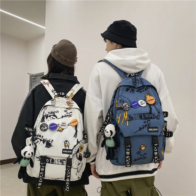 

Cool Women Men Backpack Graffiti Pattern Schoolbags Travel Badge Backpacks Harajuku Bags for school Girls With Boys Student Bag