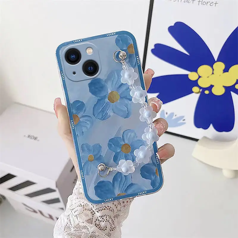 

Suitable For iPhone13 Phone Case Blue Oil Painting Flower Chain Soft Shell
