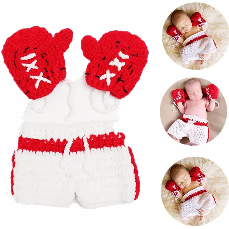 2Pcs/Set Newborn Photography Props Infant Crochet Knit Cute Boxing Clothes  Gloves And Pants Suit Baby Photo Costume