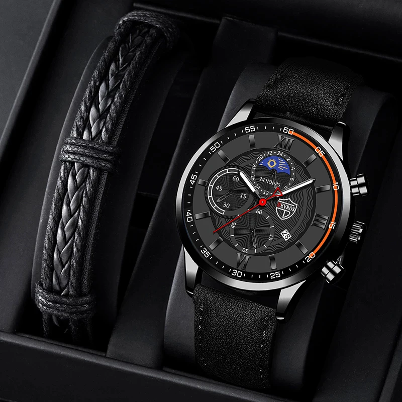 Fashion Mens Sports Watches Man Business Quartz Wristwatch Luxury Black Leather Bracelet Men Casual Luminous Clock Watch 1
