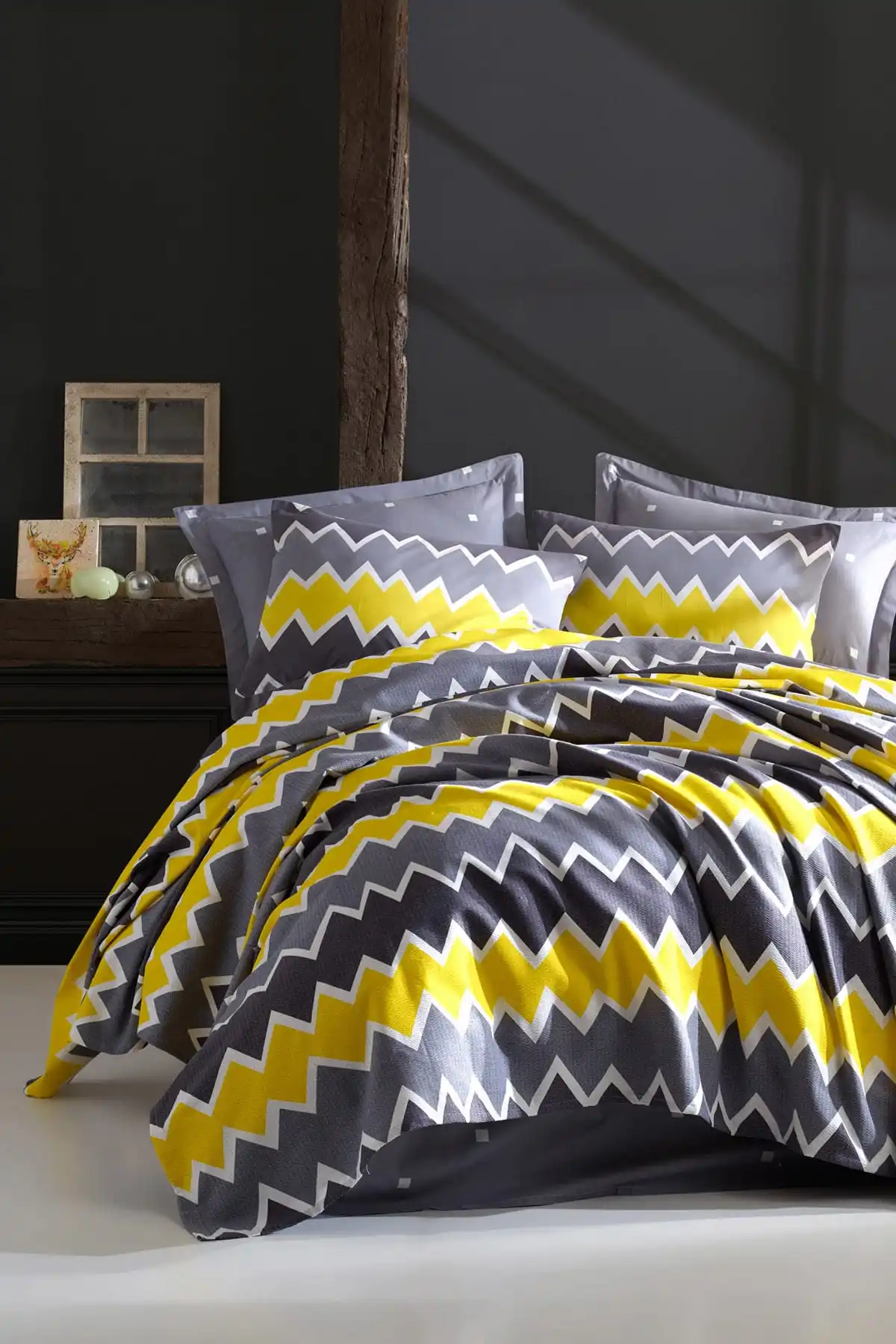 Комплект постельного белья из турецкого хлопка с наволочкой желтого и серого