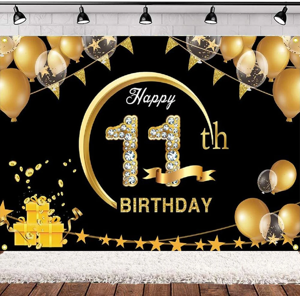 

Photography Backdrop Happy 11th Birthday Banner Black And Gold Sign Poster For Anniversary Party Background Balloon Decoration