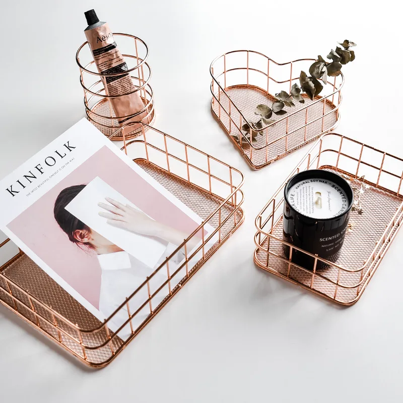 

Rose Gold Metal Wire Makeup Pen Storage Basket Office Desktop Sundries Storage Container Cosmetics Simple Storage Iron Basket
