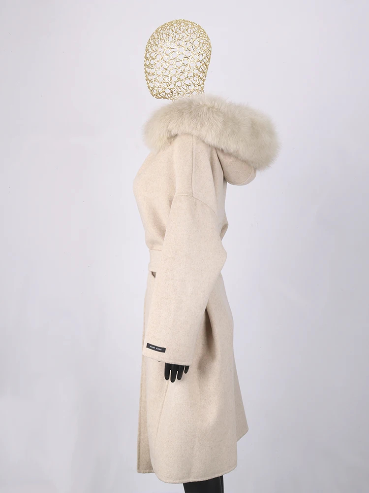 Winter Women Casual Long Jacket Real Fur Coat Genuine Fox Fur Collar Cashmere Wool Blends Streetwear Loose Fashion Outerwear